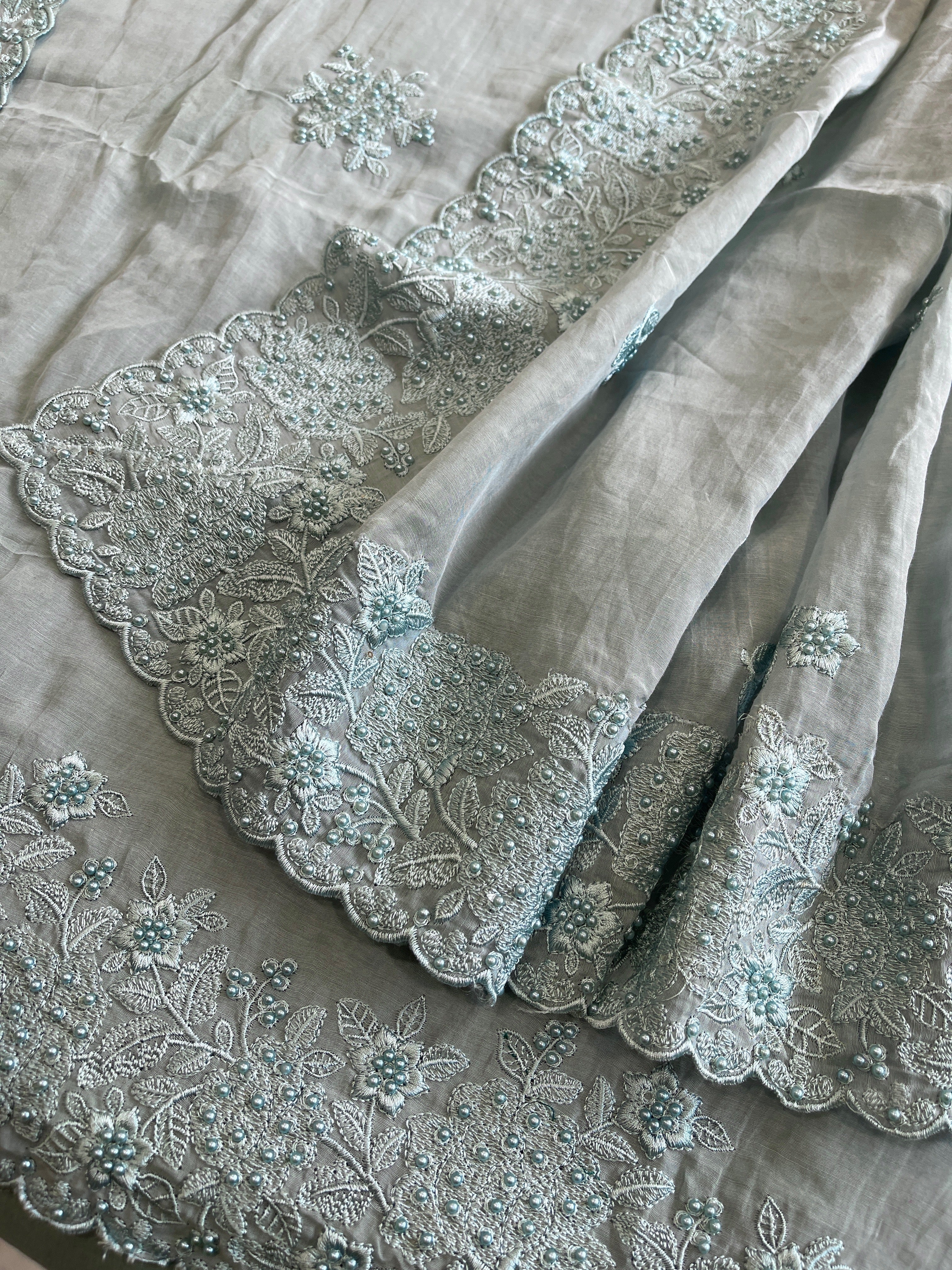 Dusty Blue Suit Set with Pearl and Thread Embroidery in Mul Chanderi - Masakalee