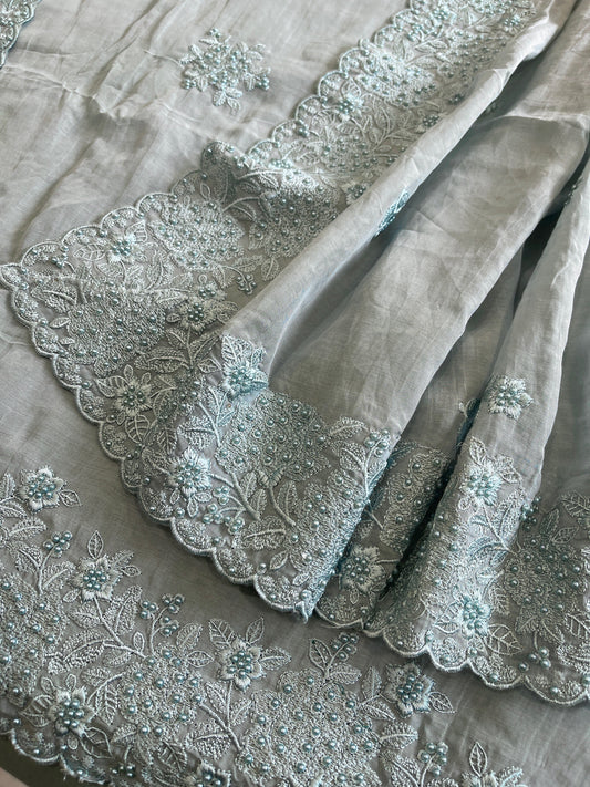 Dusty Blue Suit Set with Pearl and Thread Embroidery in Mul Chanderi - Masakalee