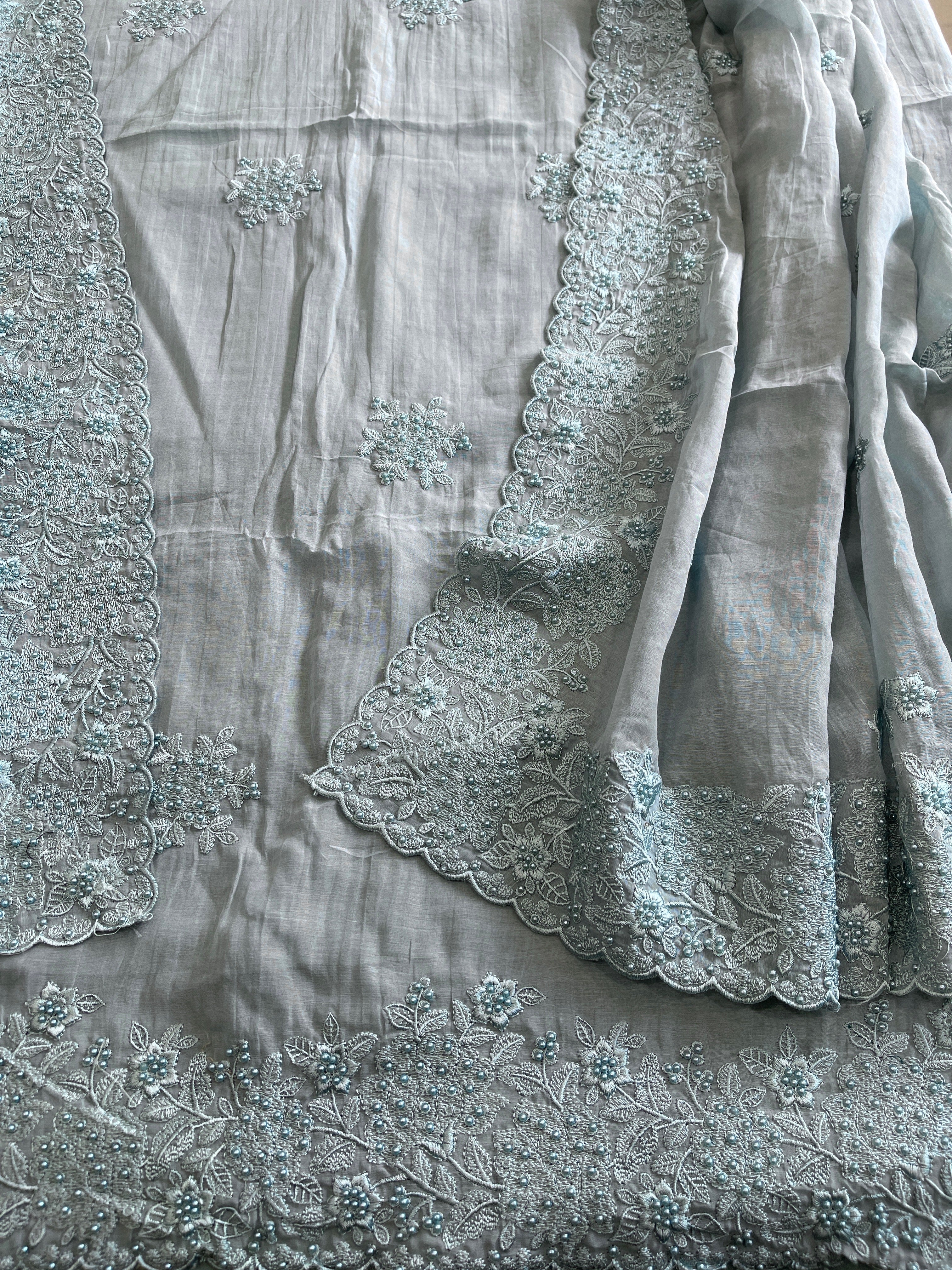 Dusty Blue Suit Set with Pearl and Thread Embroidery in Mul Chanderi - Masakalee