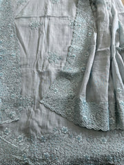 Dusty Blue Suit Set with Pearl and Thread Embroidery in Mul Chanderi - Masakalee