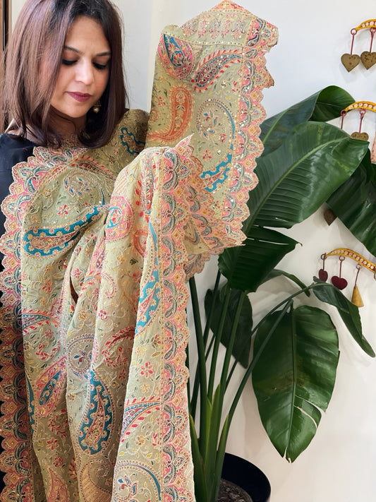 Dusty Green Chinon Dupatta with Aari Embroidery - Masakalee