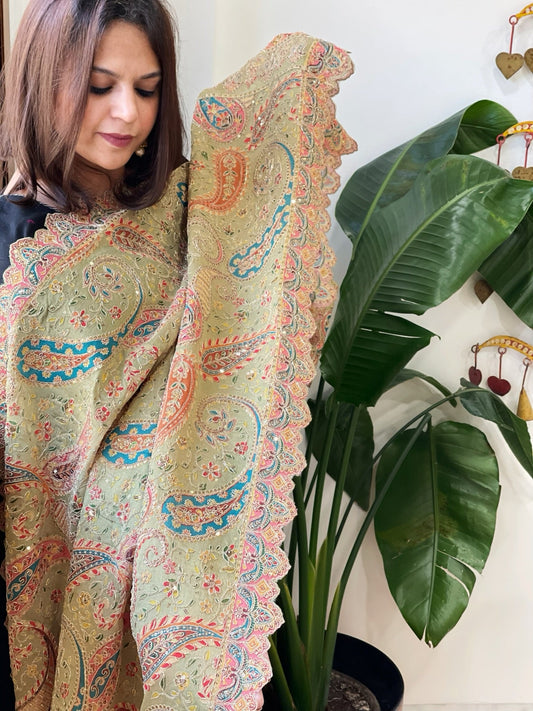 Dusty Green Chinon Dupatta with Aari Embroidery - Masakalee
