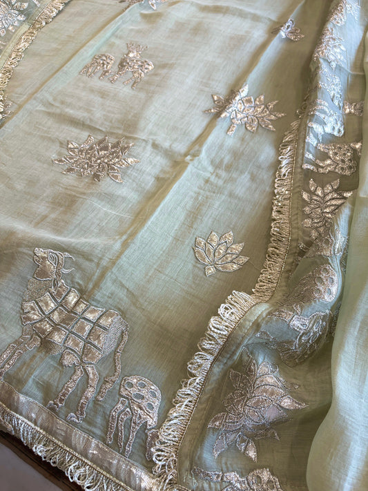 Dusty Green Gota Applique Suit Set in Pure Mul Chanderi - Masakalee