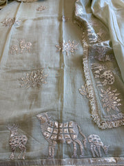 Dusty Green Gota Applique Suit Set in Pure Mul Chanderi - Masakalee