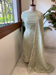 Dusty Green Gota Applique Suit Set in Pure Mul Chanderi - Masakalee