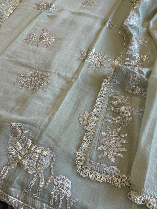 Dusty Green Gota Applique Suit Set in Pure Mul Chanderi - Masakalee