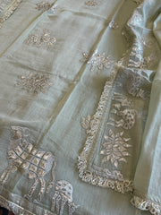 Dusty Green Gota Applique Suit Set in Pure Mul Chanderi - Masakalee