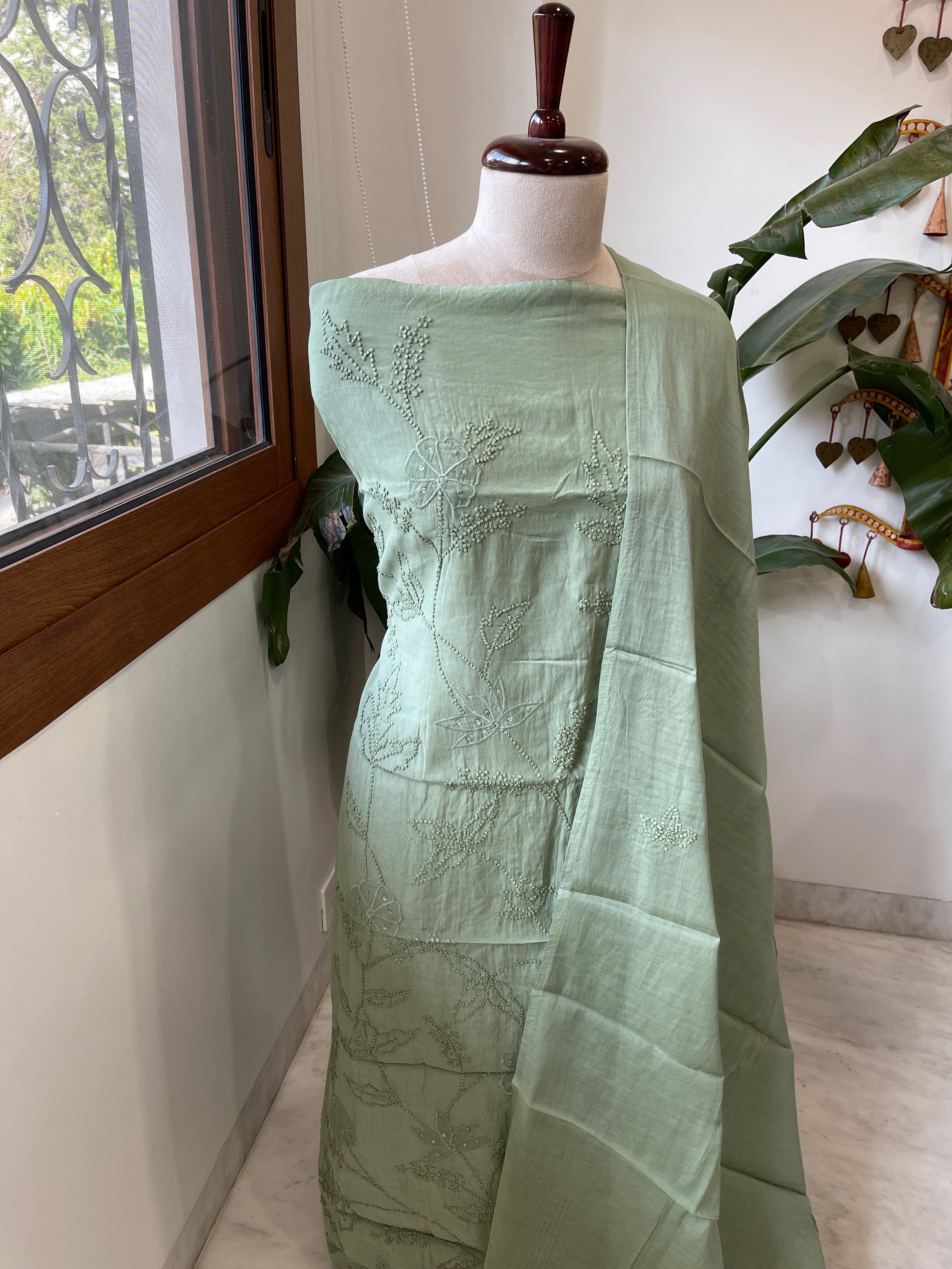 Dusty Green Mul chanderi Suit Set With Knot & Sequin Handwork - Masakalee