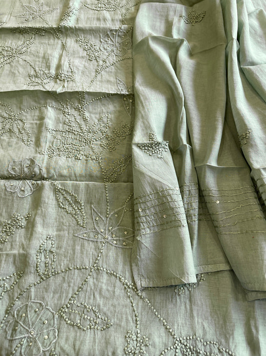 Dusty Green Mul chanderi Suit Set With Knot & Sequin Handwork - Masakalee