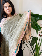 Dusty Green Rai Bandhej Dupatta with Kantha Handwork in Pure Munga Tussar Silk - Masakalee
