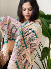Dusty Green Rai Bandhej Dupatta with Kantha Handwork in Pure Munga Tussar Silk - Masakalee