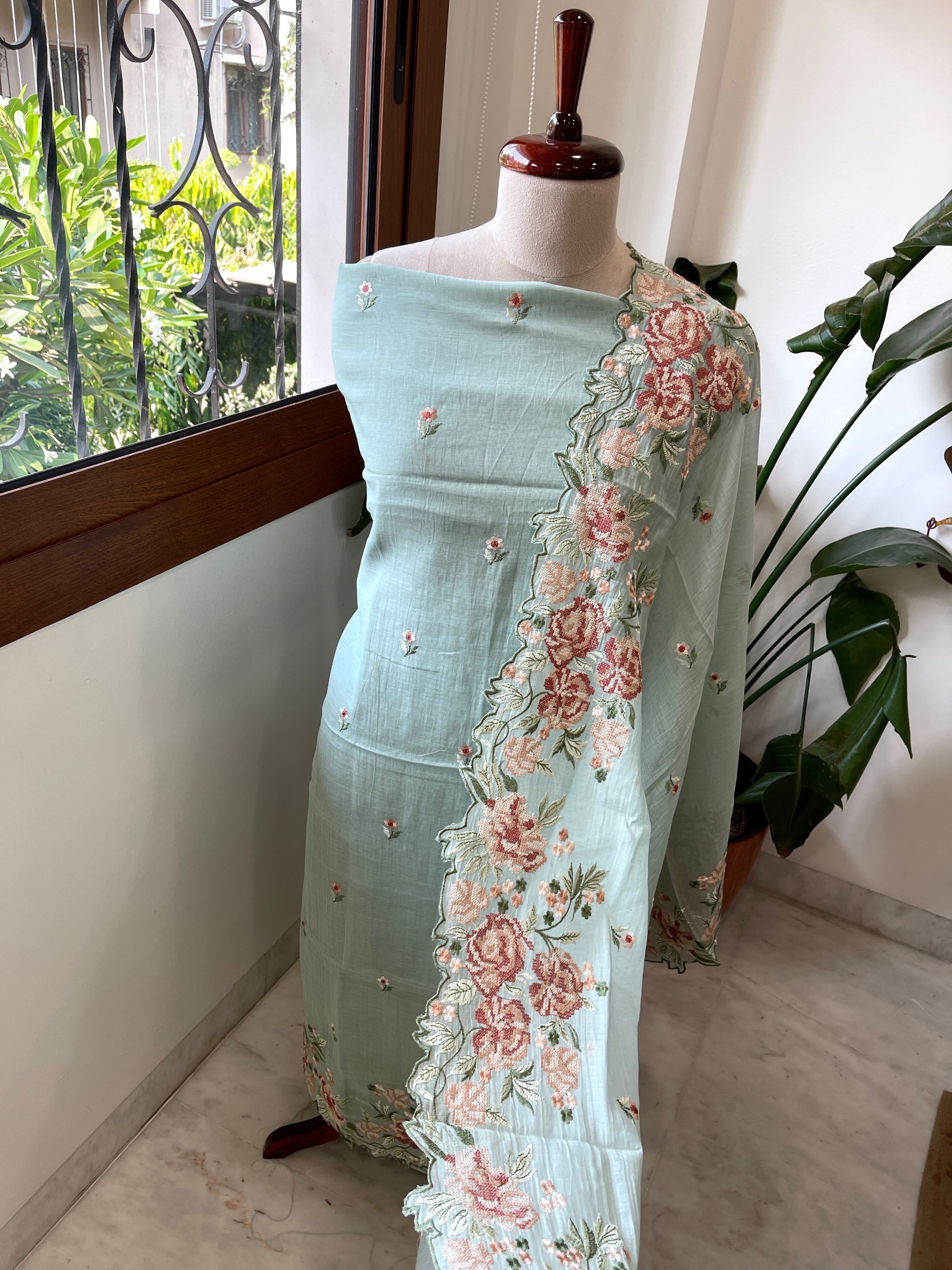 Dusty Green Suit Set with Cross - Stitch Embroidery in Pure Mul Chanderi - Masakalee