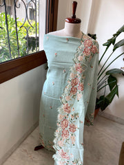 Dusty Green Suit Set with Cross - Stitch Embroidery in Pure Mul Chanderi - Masakalee