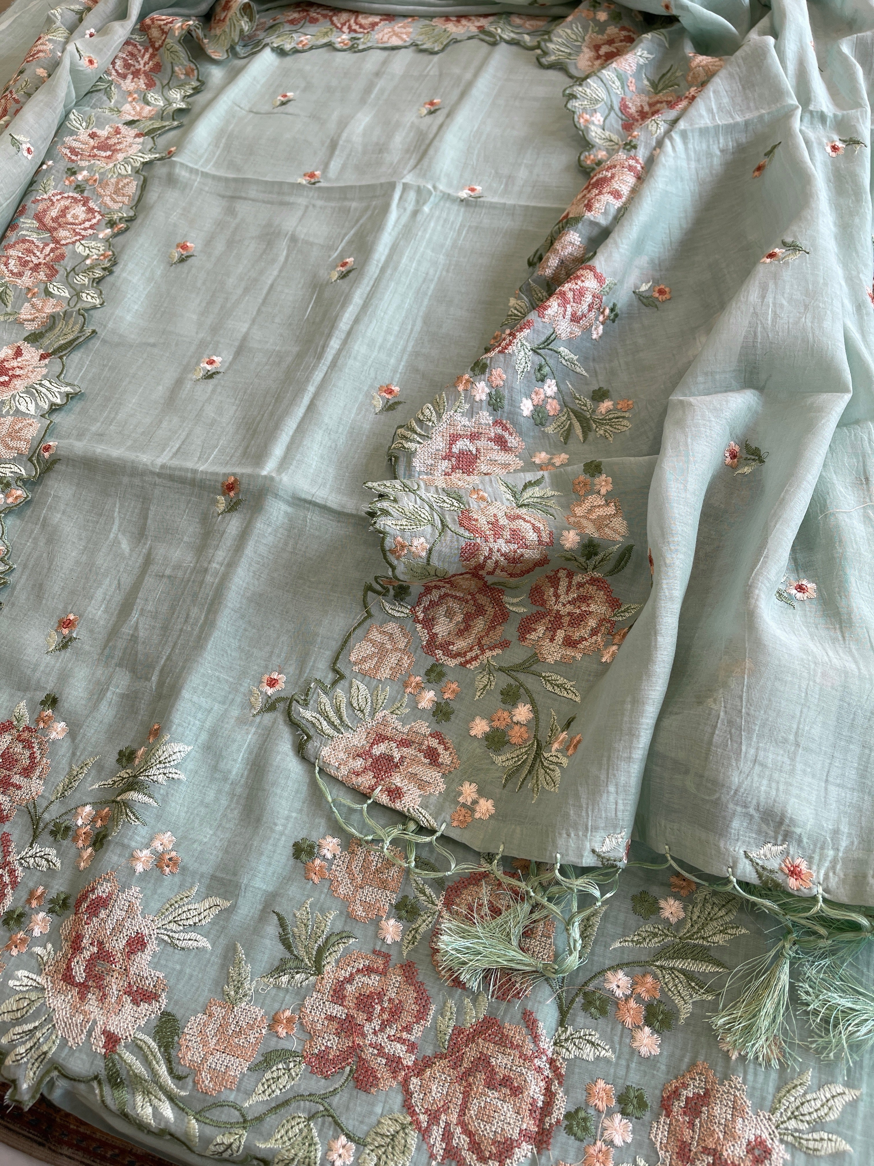 Dusty Green Suit Set with Cross - Stitch Embroidery in Pure Mul Chanderi - Masakalee