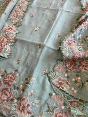 Dusty Green Suit Set with Cross - Stitch Embroidery in Pure Mul Chanderi - Masakalee