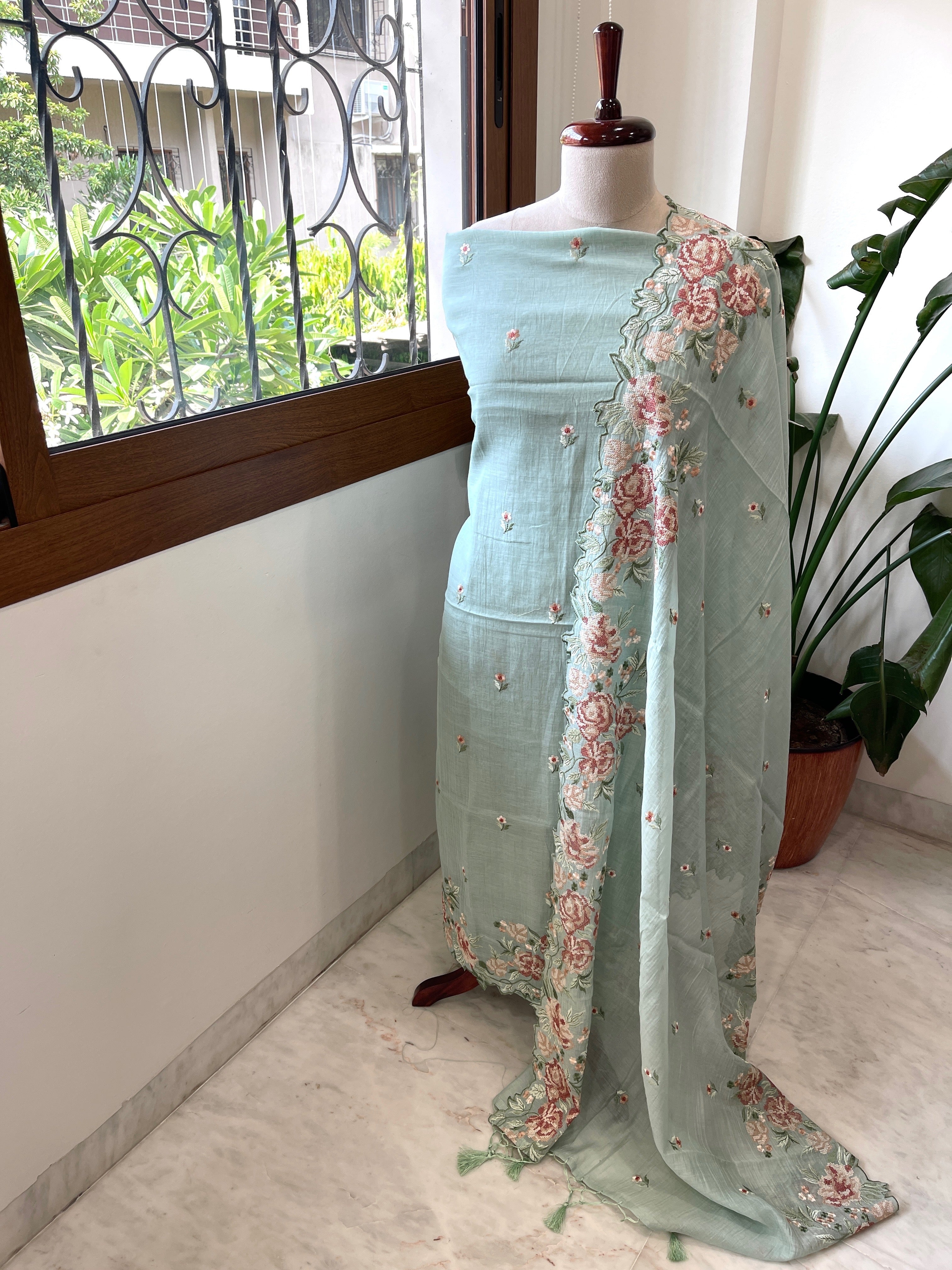 Dusty Green Suit Set with Cross - Stitch Embroidery in Pure Mul Chanderi - Masakalee