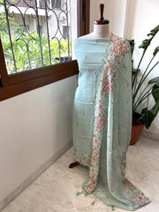 Dusty Green Suit Set with Cross - Stitch Embroidery in Pure Mul Chanderi - Masakalee
