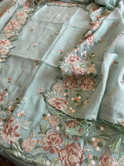 Dusty Green Suit Set with Cross - Stitch Embroidery in Pure Mul Chanderi - Masakalee