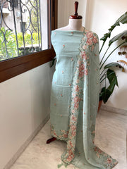 Dusty Green Suit Set with Cross - Stitch Embroidery in Pure Mul Chanderi - Masakalee