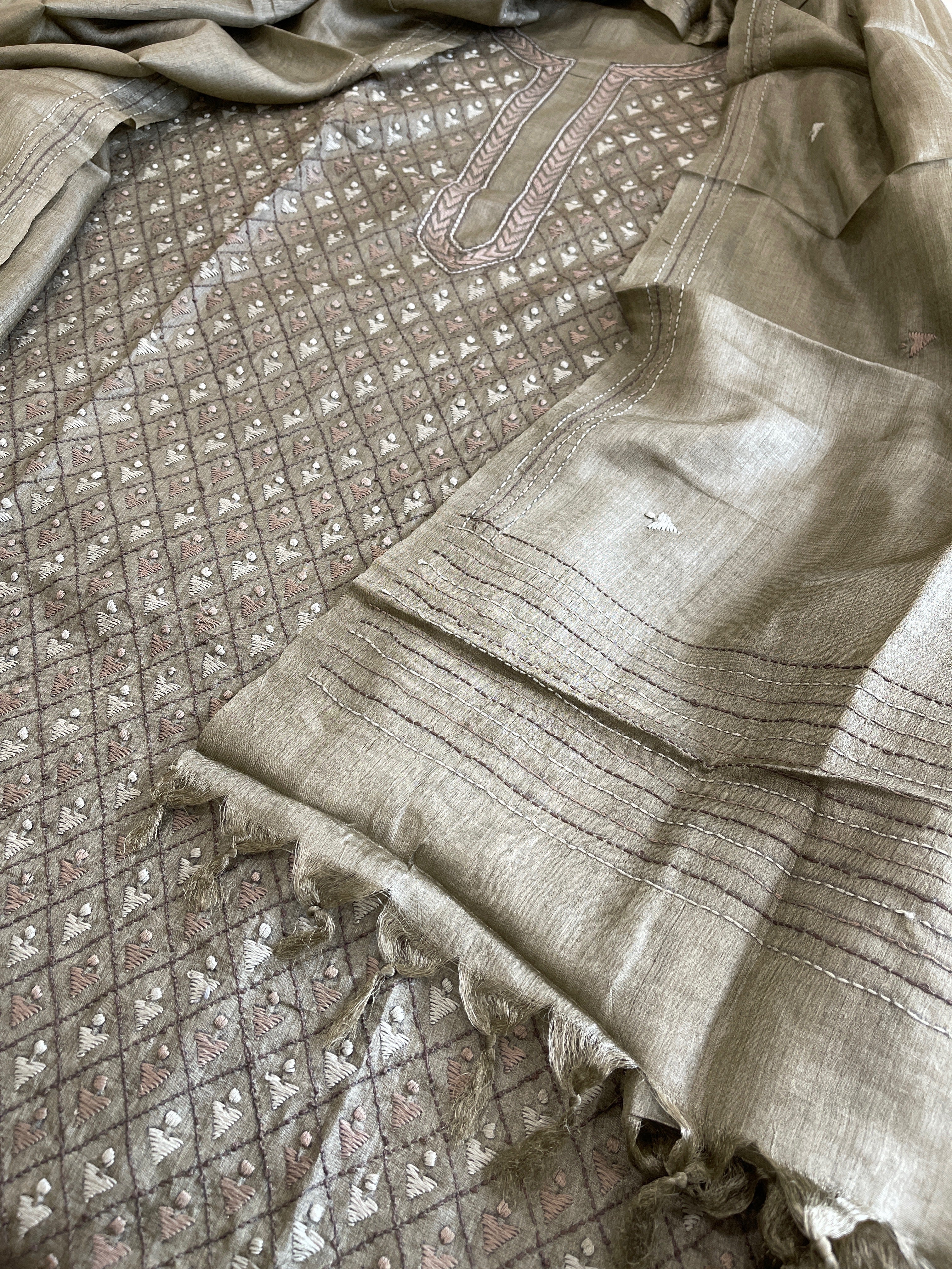 Dusty Green Suit Set with Kantha Embroidery in Pure Tussar Silk - Masakalee