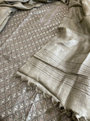 Dusty Green Suit Set with Kantha Embroidery in Pure Tussar Silk - Masakalee