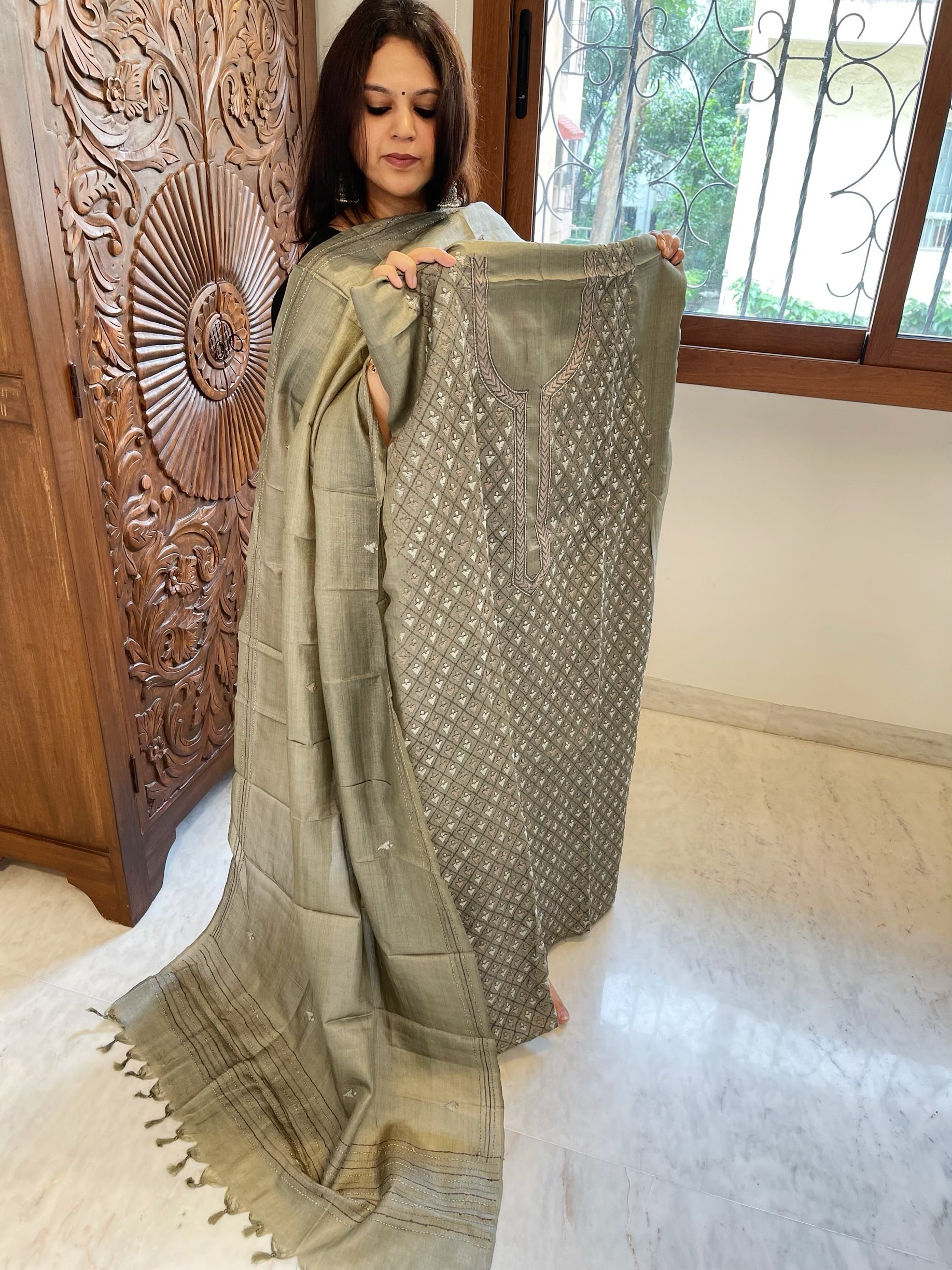 Dusty Green Suit Set with Kantha Embroidery in Pure Tussar Silk - Masakalee