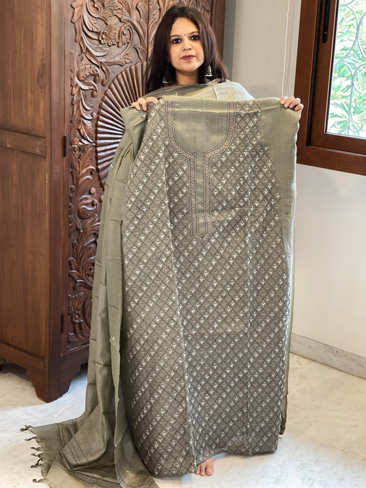 Dusty Green Suit Set with Kantha Embroidery in Pure Tussar Silk - Masakalee
