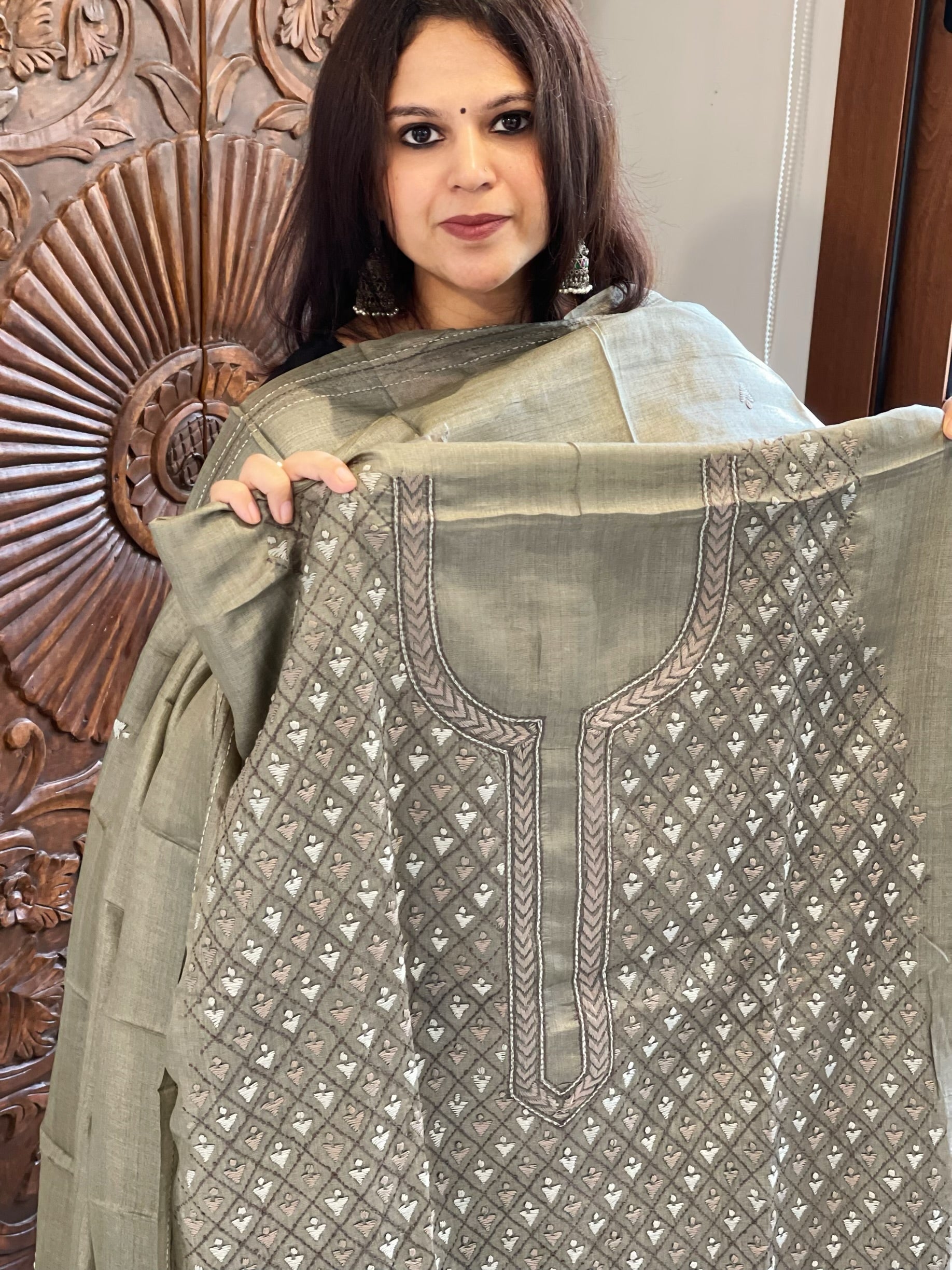 Dusty Green Suit Set with Kantha Embroidery in Pure Tussar Silk - Masakalee
