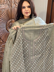 Dusty Green Suit Set with Kantha Embroidery in Pure Tussar Silk - Masakalee