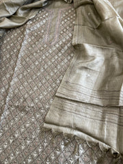 Dusty Green Suit Set with Kantha Embroidery in Pure Tussar Silk - Masakalee