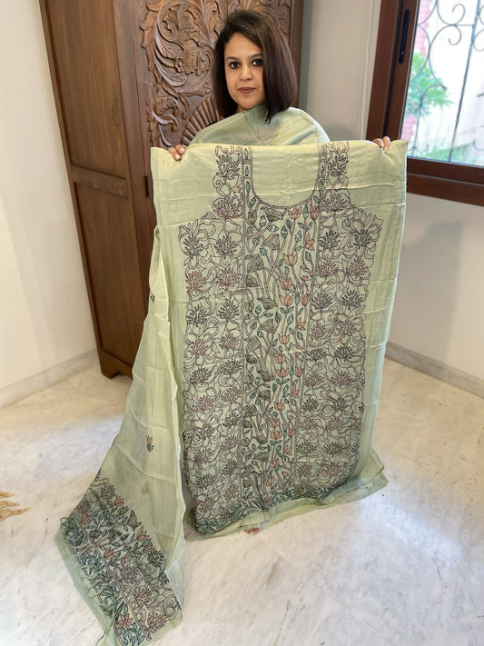Dusty Green Suit Set with Kantha Handwork in Pure Tussar Silk - Masakalee