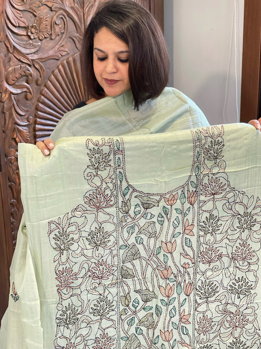 Dusty Green Suit Set with Kantha Handwork in Pure Tussar Silk - Masakalee