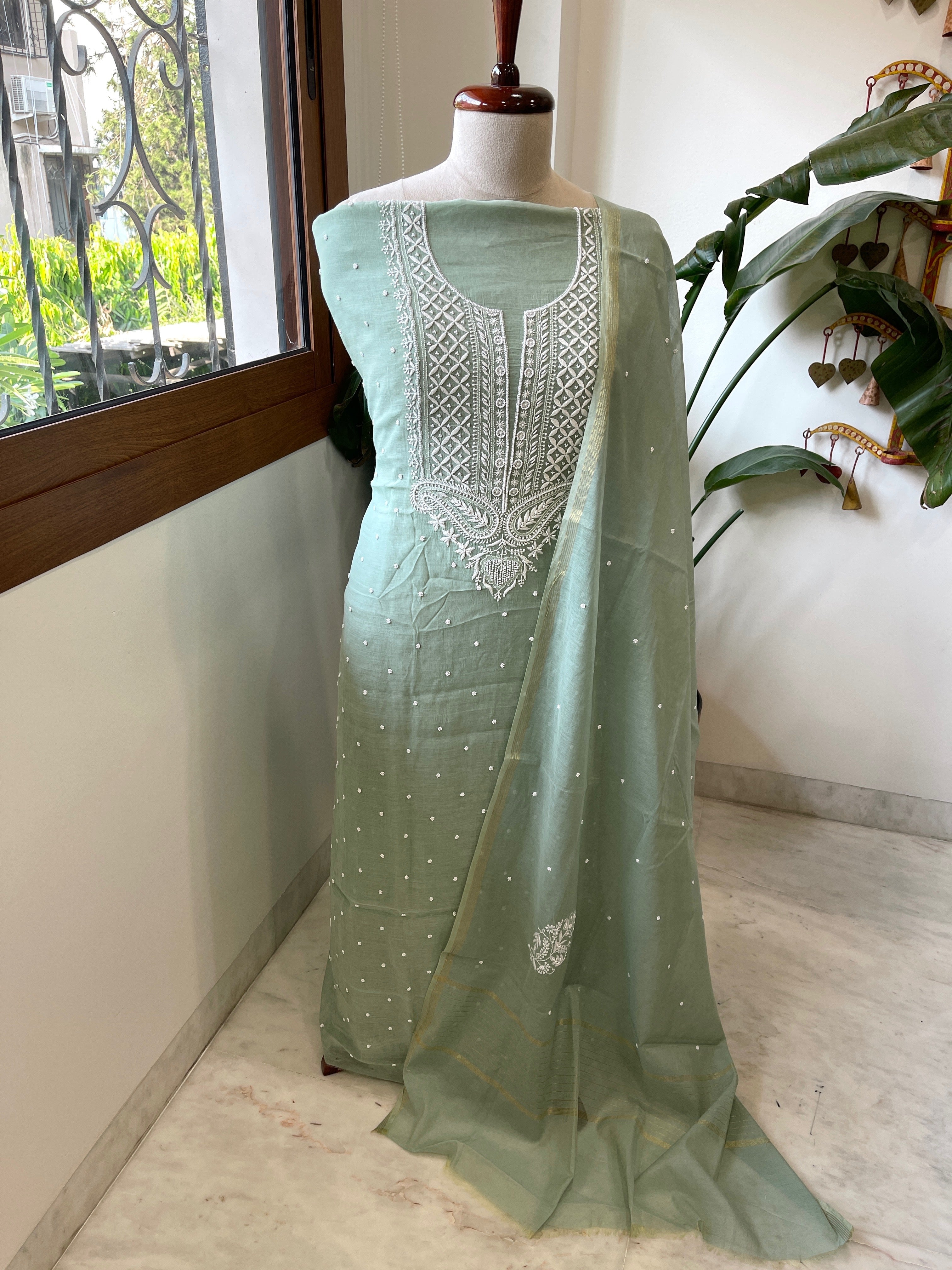 Dusty Green Suit Set with Lucknowi & Pearl Handwork in Pure Mul Cotton - Masakalee