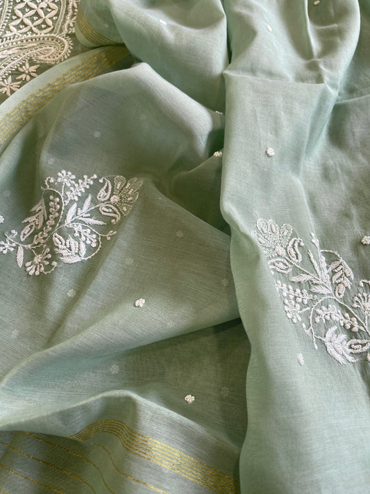 Dusty Green Suit Set with Lucknowi & Pearl Handwork in Pure Mul Cotton - Masakalee