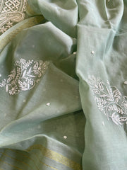 Dusty Green Suit Set with Lucknowi & Pearl Handwork in Pure Mul Cotton - Masakalee