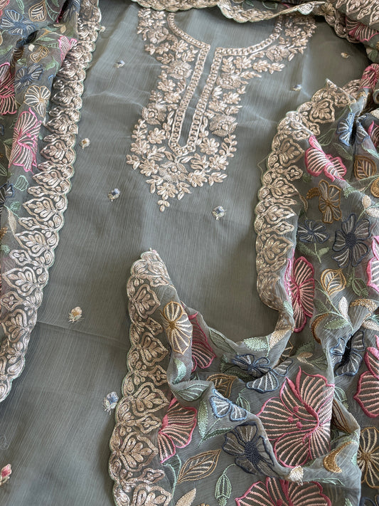 Dusty Green Suit Set with Thread Embroidery and Pitta Work in Georgette - Masakalee
