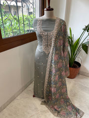 Dusty Green Suit Set with Thread Embroidery and Pitta Work in Georgette - Masakalee