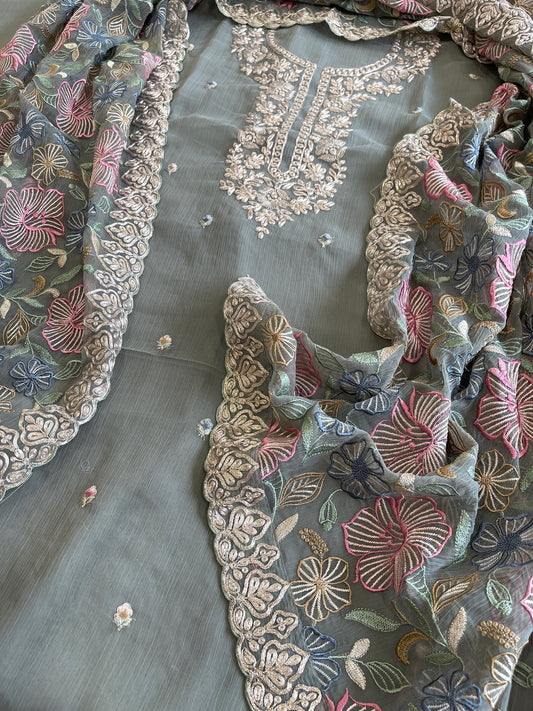 Dusty Green Suit Set with Thread Embroidery and Pitta Work in Georgette - Masakalee