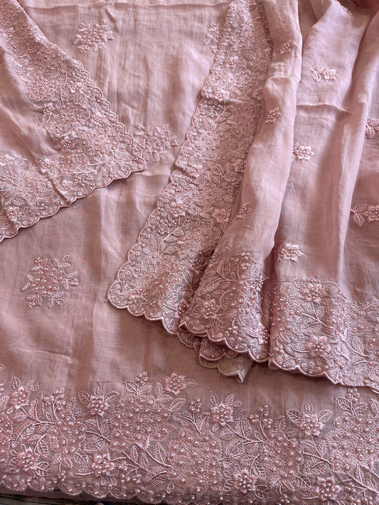 Dusty Peach Suit Set with Pearl and Thread Embroidery in Mul Chanderi - Masakalee