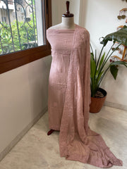 Dusty Peach Suit Set with Pearl and Thread Embroidery in Mul Chanderi - Masakalee