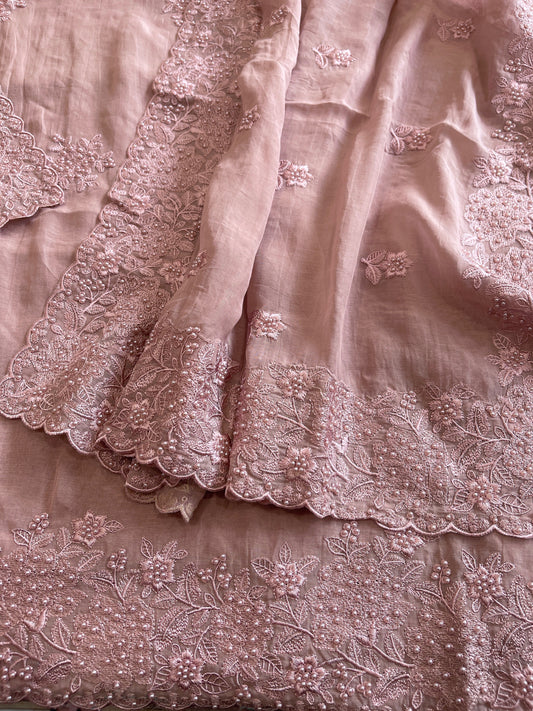 Dusty Peach Suit Set with Pearl and Thread Embroidery in Mul Chanderi - Masakalee