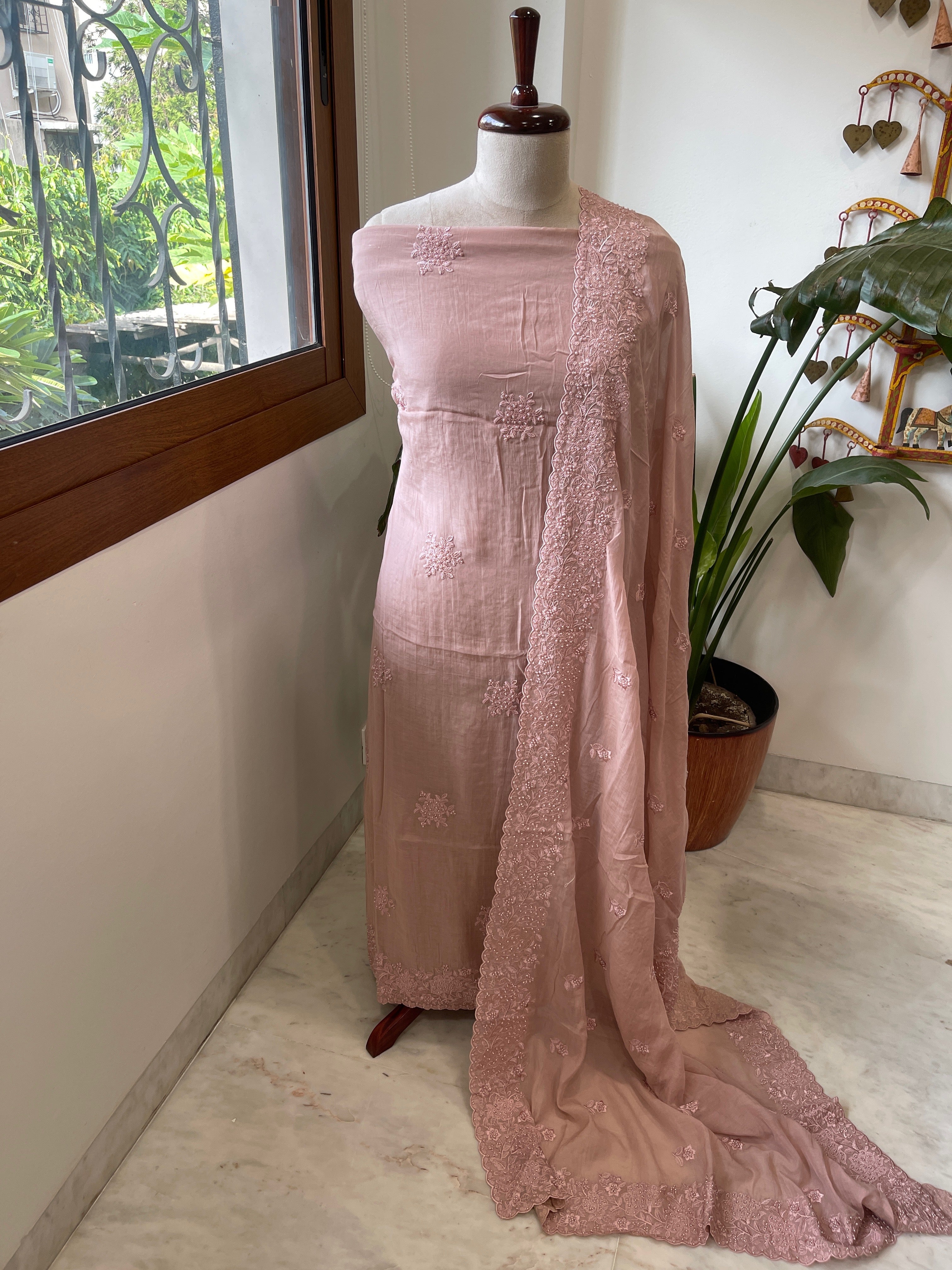 Dusty Peach Suit Set with Pearl and Thread Embroidery in Mul Chanderi - Masakalee