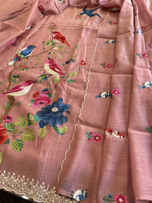 Dusty Pink Suit Set with Thread Embroidery in Pure Mul Chanderi - Masakalee