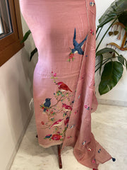 Dusty Pink Suit Set with Thread Embroidery in Pure Mul Chanderi - Masakalee