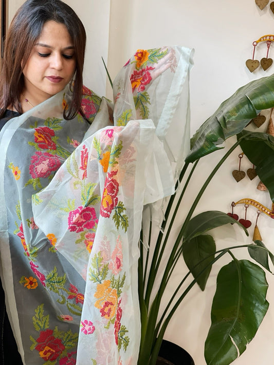 Dusty Sea Green Organza Dupatta with cross - stitch embroidery - Masakalee