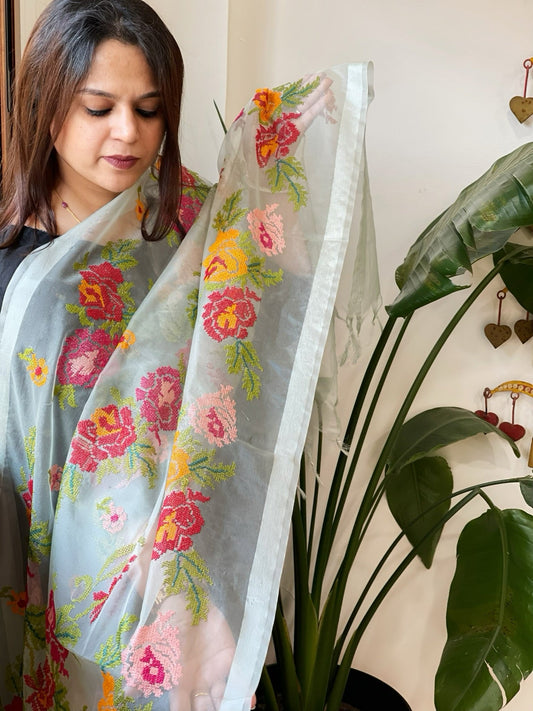 Dusty Sea Green Organza Dupatta with cross - stitch embroidery - Masakalee