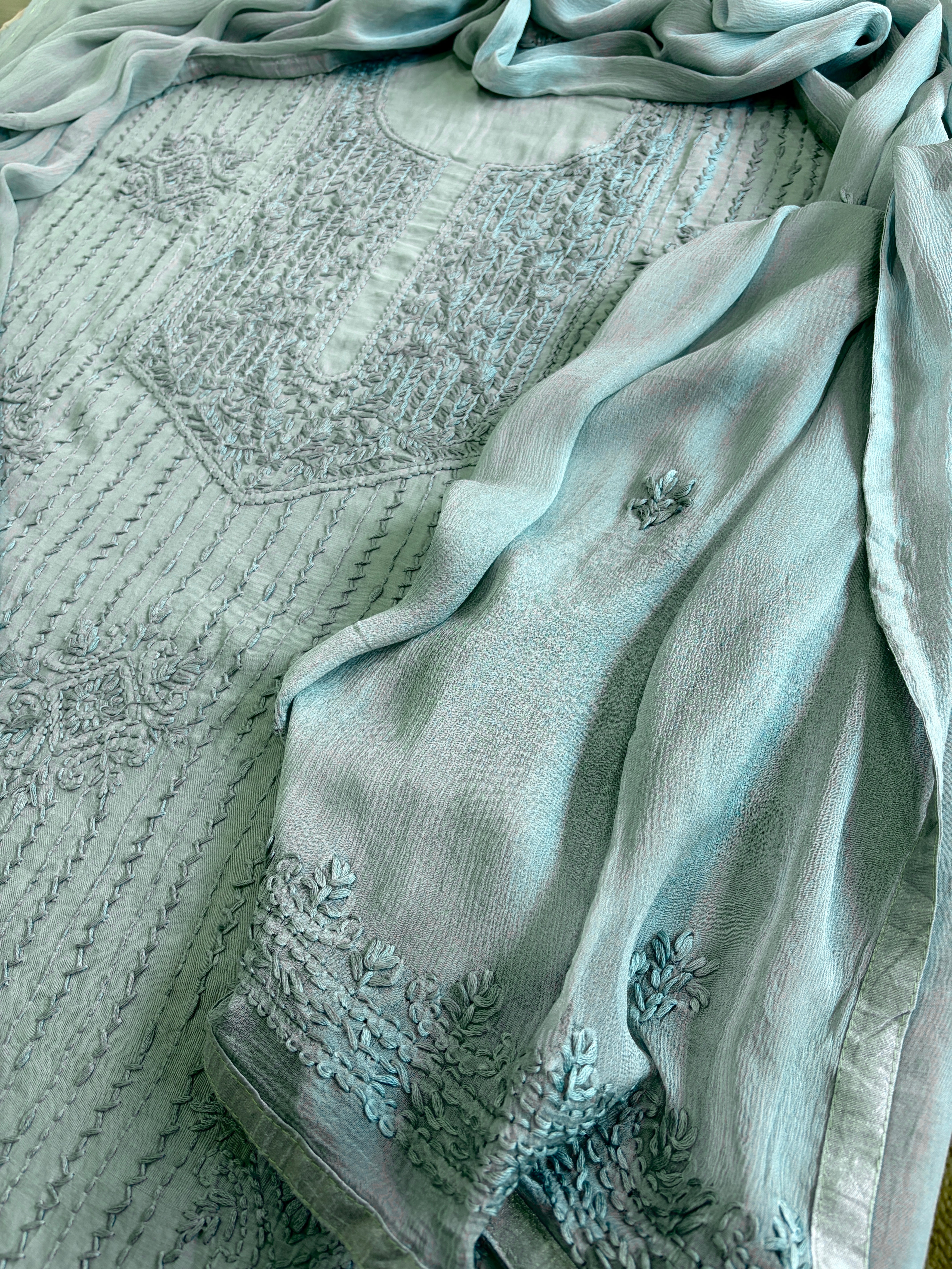 Dusty Sea Green Suit Set with Lucknowi Handwork in Pure Mul Cotton - Masakalee