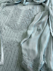 Dusty Sea Green Suit Set with Lucknowi Handwork in Pure Mul Cotton - Masakalee