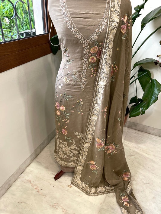 Earthy Brown Suit Set with Parsi Gara Embroidery in Mul Chanderi - Masakalee