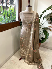 Earthy Brown Suit Set with Parsi Gara Embroidery in Mul Chanderi - Masakalee